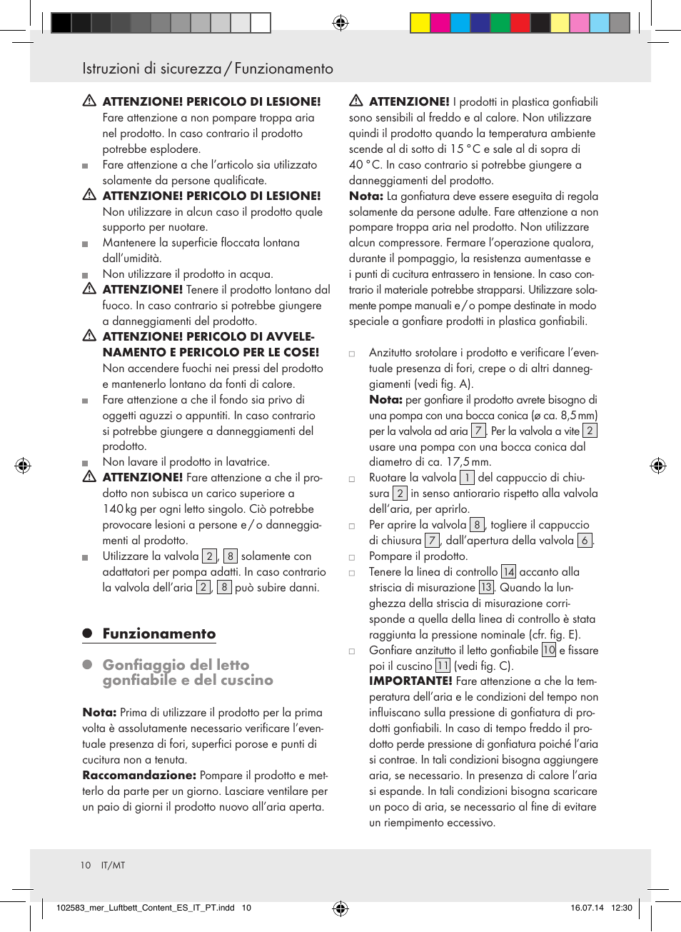 Istruzioni di sicurezza / funzionamento, Funzionamento, Gonfiaggio del letto gonfiabile e del cuscino | Meradiso Z31688 User Manual | Page 10 / 24