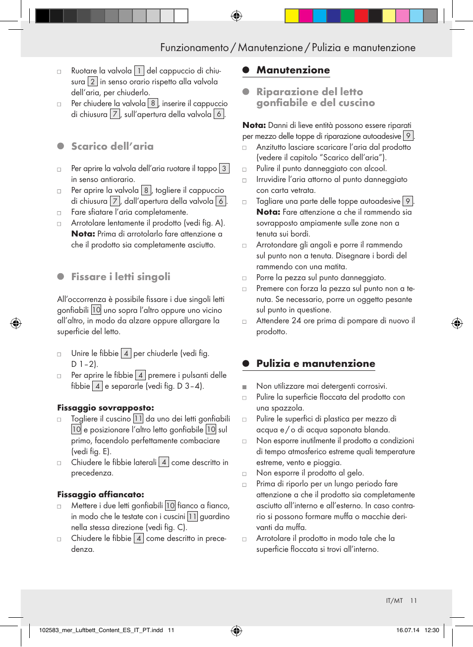 Scarico dell’aria, Fissare i letti singoli, Manutenzione | Riparazione del letto gonfiabile e del cuscino, Pulizia e manutenzione | Meradiso Z31688 User Manual | Page 11 / 24