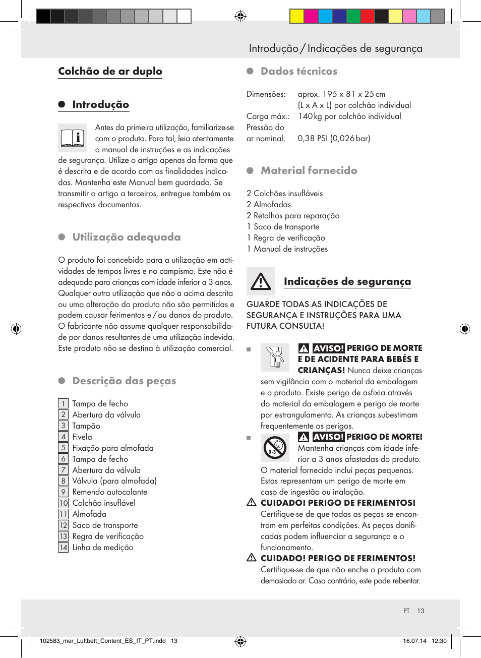 Introdução / indicações de segurança, Colchão de ar duplo introdução, Utilização adequada | Descrição das peças, Dados técnicos, Material fornecido, Indicações de segurança | Meradiso Z31688 User Manual | Page 13 / 24