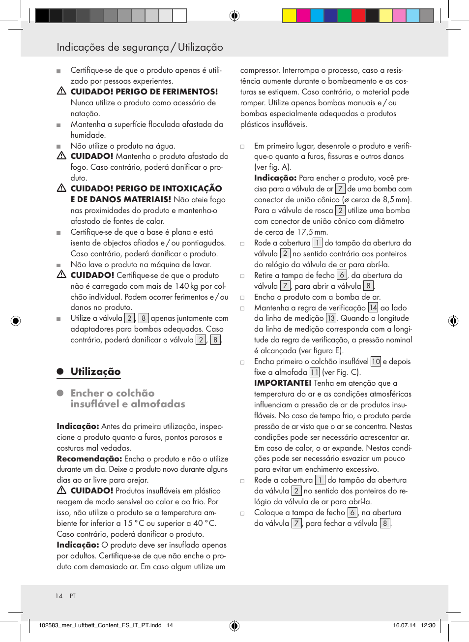 Indicações de segurança / utilização, Utilização, Encher o colchão insuflável e almofadas | Meradiso Z31688 User Manual | Page 14 / 24