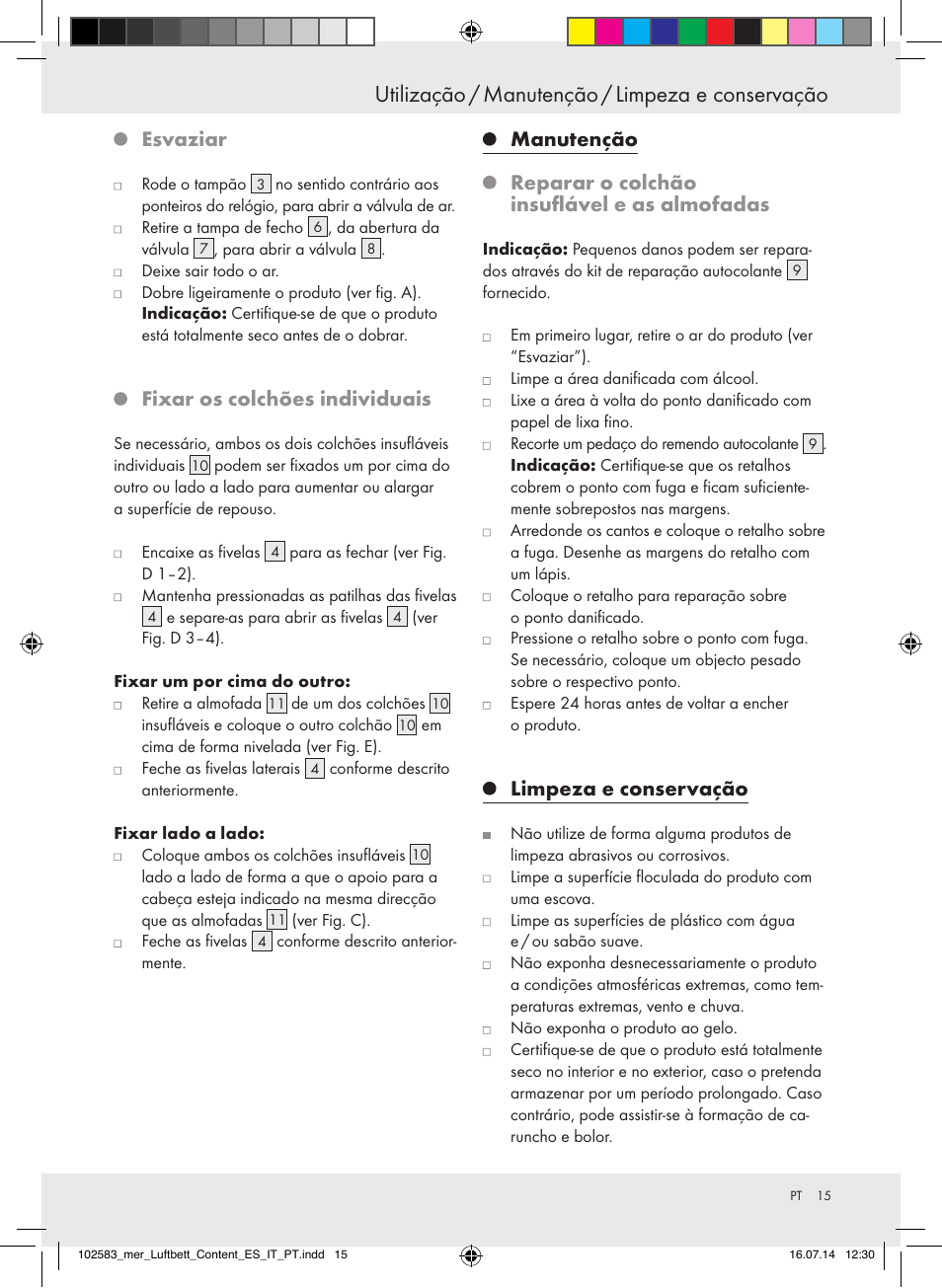 Utilização / manutenção / limpeza e conservação, Esvaziar, Fixar os colchões individuais | Manutenção, Reparar o colchão insuflável e as almofadas, Limpeza e conservação | Meradiso Z31688 User Manual | Page 15 / 24