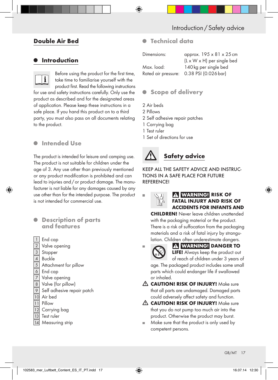 Introduction / safety advice, Double air bed introduction, Intended use | Description of parts and features, Technical data, Scope of delivery, Safety advice | Meradiso Z31688 User Manual | Page 17 / 24