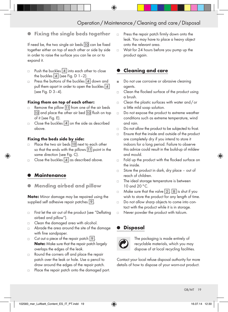 Fixing the single beds together, Maintenance, Mending airbed and pillow | Cleaning and care, Disposal | Meradiso Z31688 User Manual | Page 19 / 24