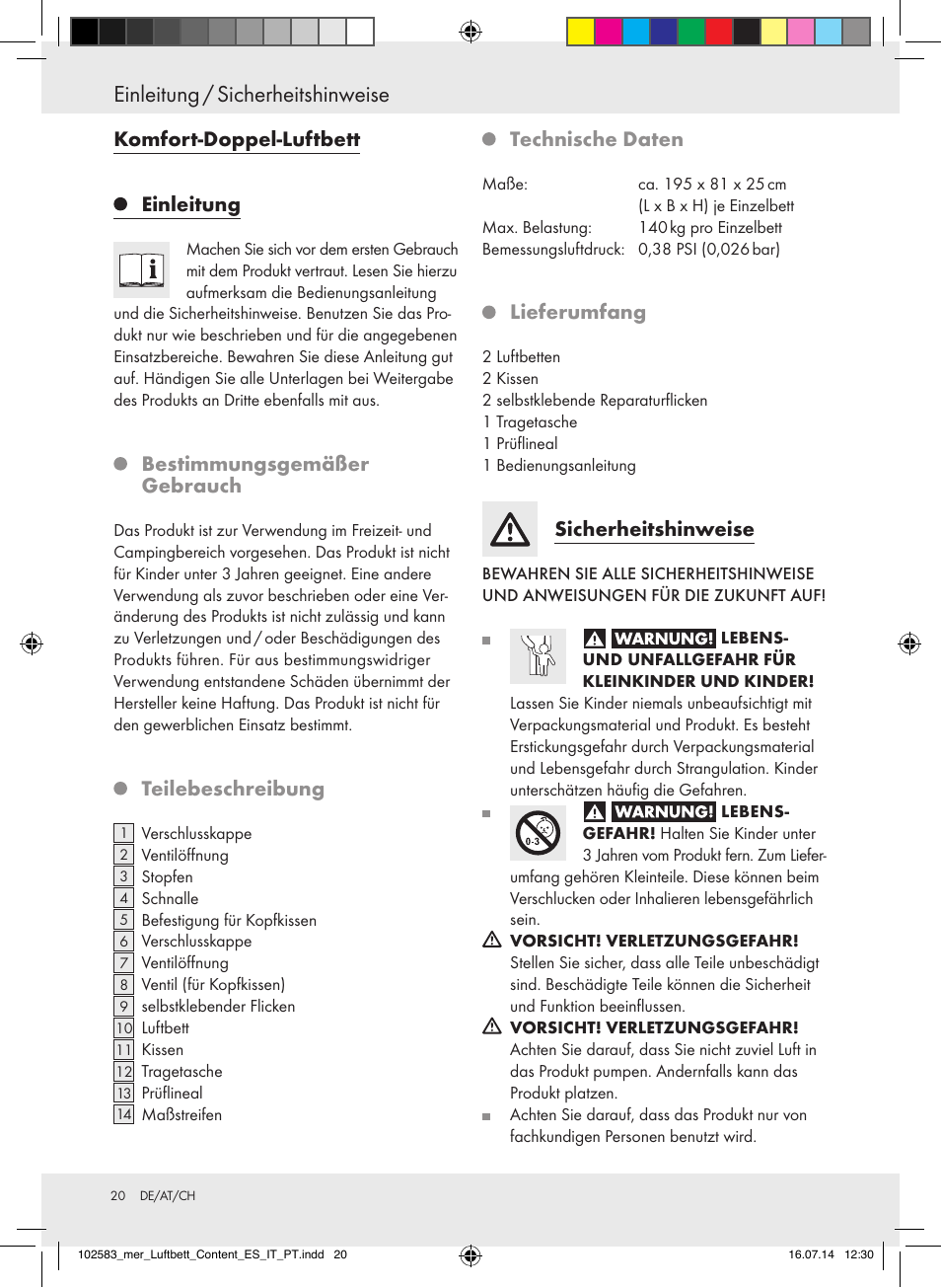 Einleitung / sicherheitshinweise, Komfort-doppel-luftbett einleitung, Bestimmungsgemäßer gebrauch | Teilebeschreibung, Technische daten, Lieferumfang, Sicherheitshinweise | Meradiso Z31688 User Manual | Page 20 / 24