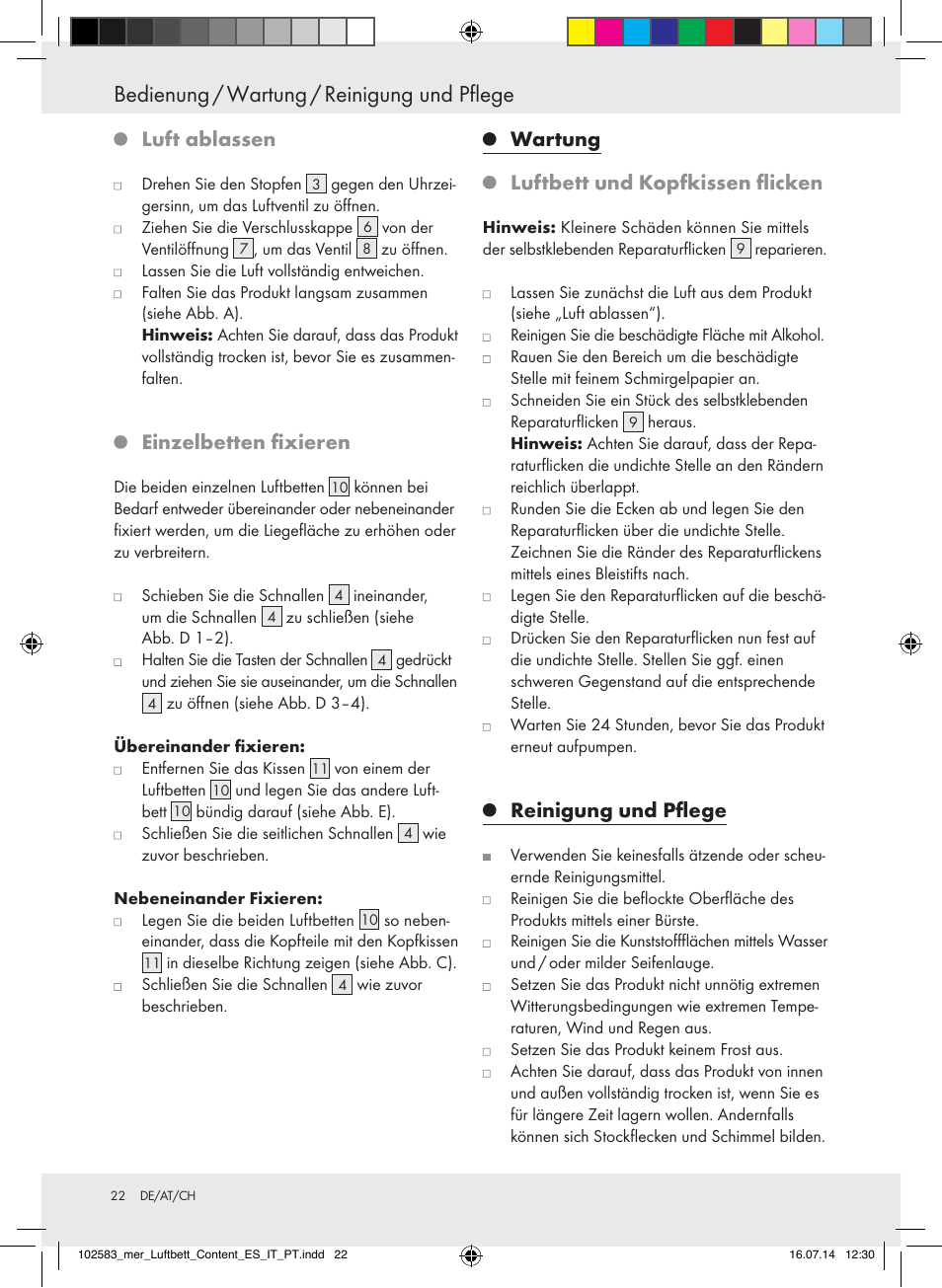 Bedienung / wartung / reinigung und pflege, Luft ablassen, Einzelbetten fixieren | Wartung luftbett und kopfkissen flicken, Reinigung und pflege | Meradiso Z31688 User Manual | Page 22 / 24