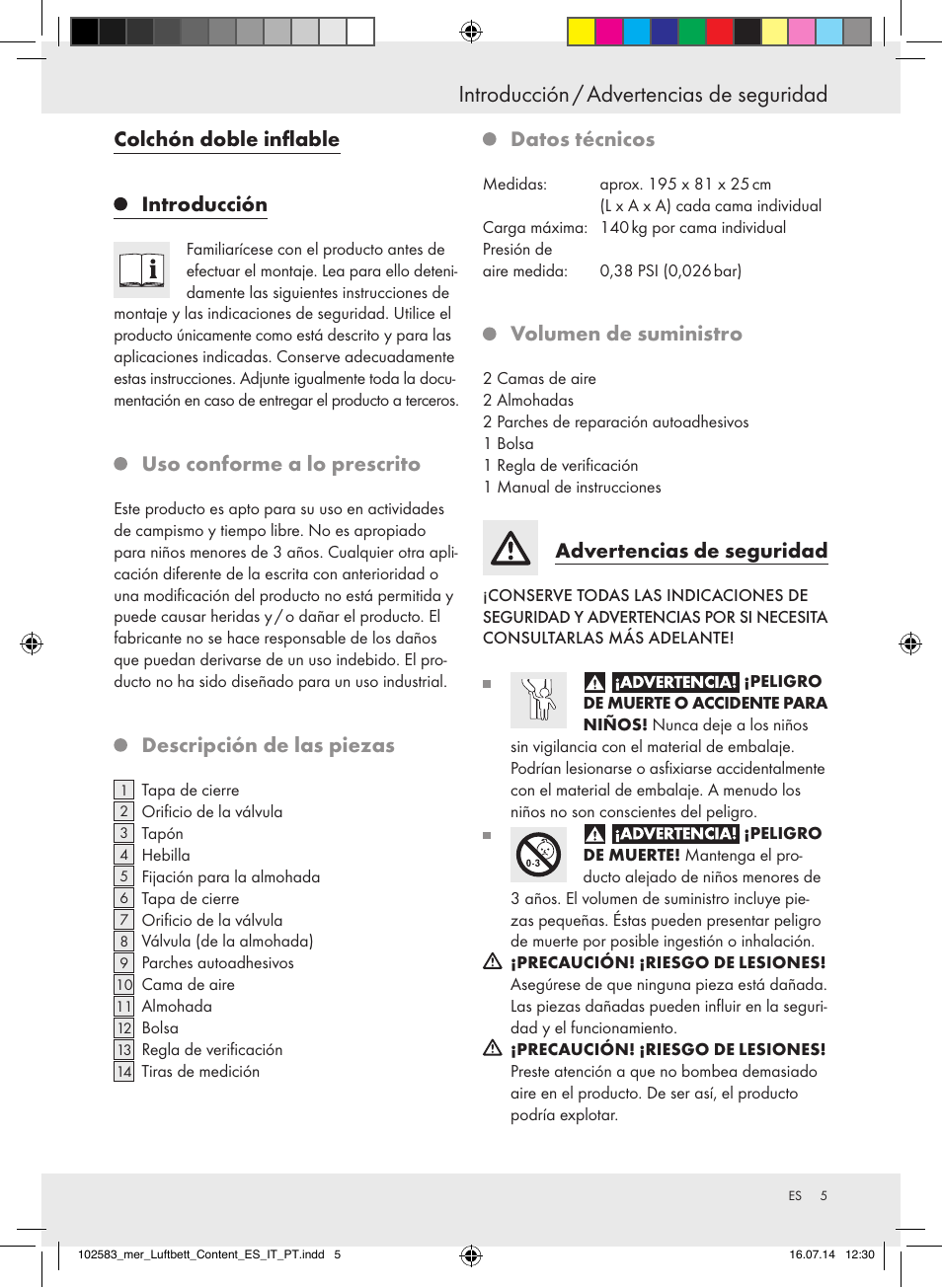 Introducción / advertencias de seguridad, Colchón doble inflable introducción, Uso conforme a lo prescrito | Descripción de las piezas, Datos técnicos, Volumen de suministro, Advertencias de seguridad | Meradiso Z31688 User Manual | Page 5 / 24