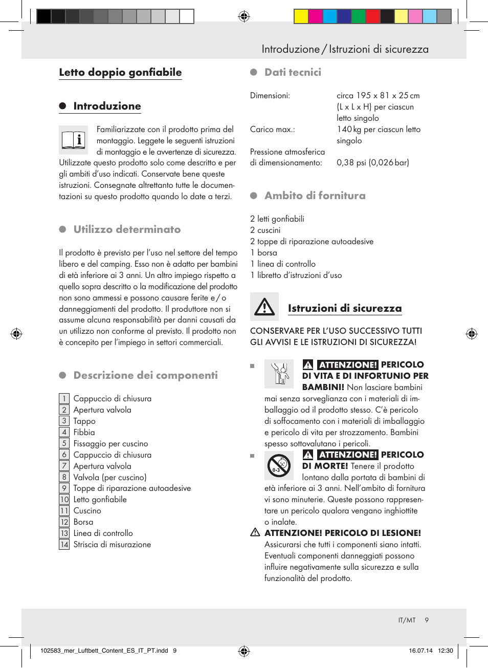 Introduzione / istruzioni di sicurezza, Letto doppio gonfiabile introduzione, Utilizzo determinato | Descrizione dei componenti, Dati tecnici, Ambito di fornitura, Istruzioni di sicurezza | Meradiso Z31688 User Manual | Page 9 / 24