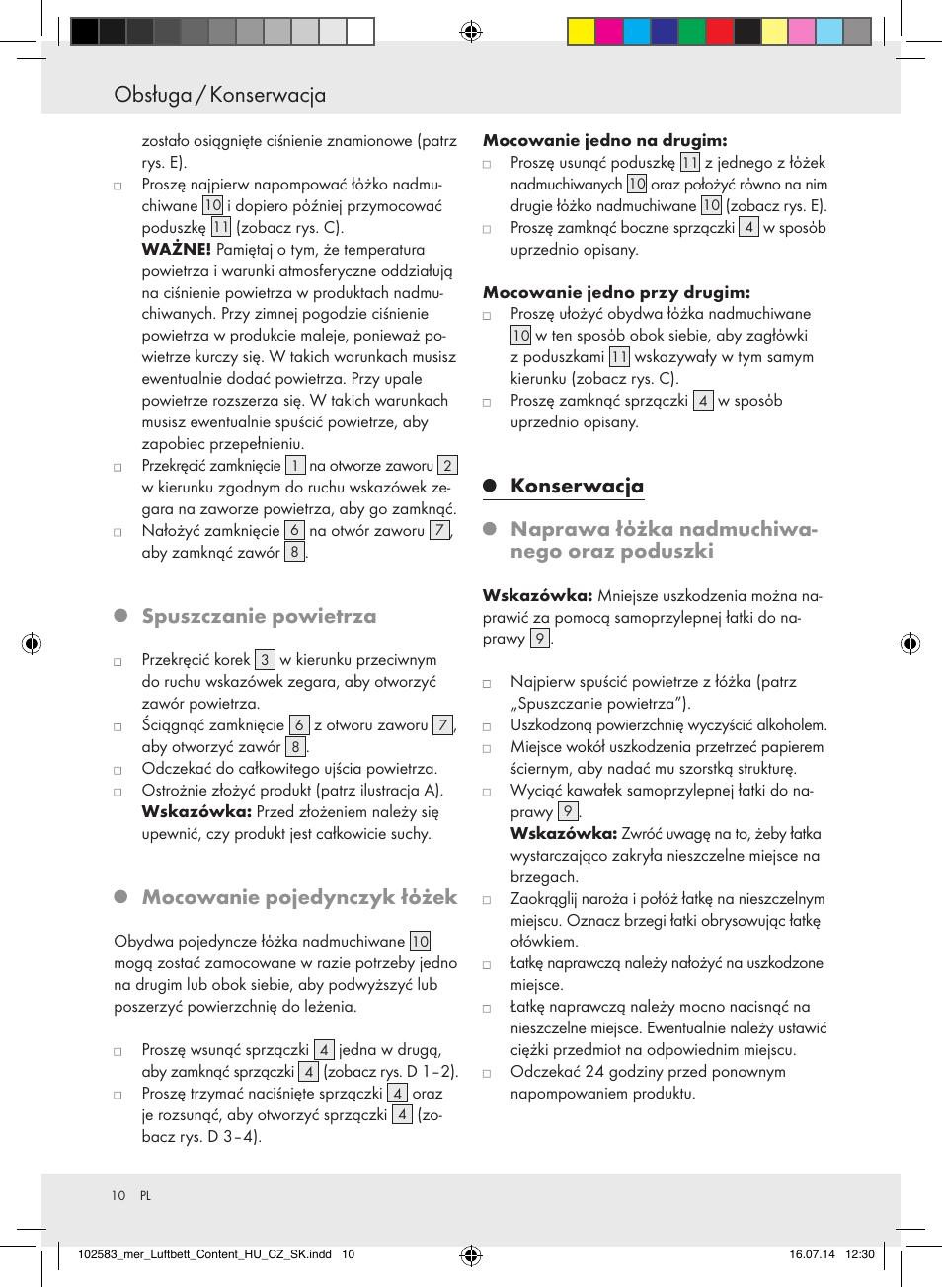 Obsługa / konserwacja, Spuszczanie powietrza, Mocowanie pojedynczyk łόżek | Meradiso Z31688 User Manual | Page 10 / 32