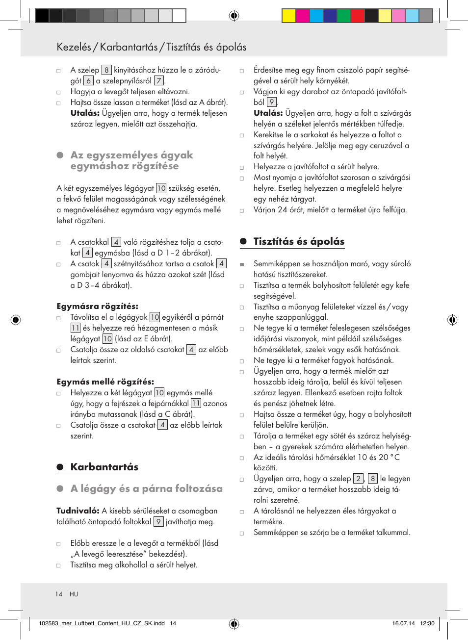 Az egyszemélyes ágyak egymáshoz rögzítése, Karbantartás, A légágy és a párna foltozása | Tisztítás és ápolás | Meradiso Z31688 User Manual | Page 14 / 32