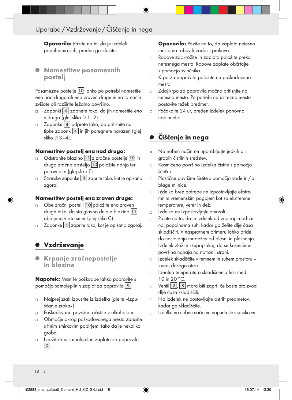 Namestitev posameznih postelj, Vzdrževanje, Krpanje zračnepostelje in blazine | Čiščenje in nega | Meradiso Z31688 User Manual | Page 18 / 32