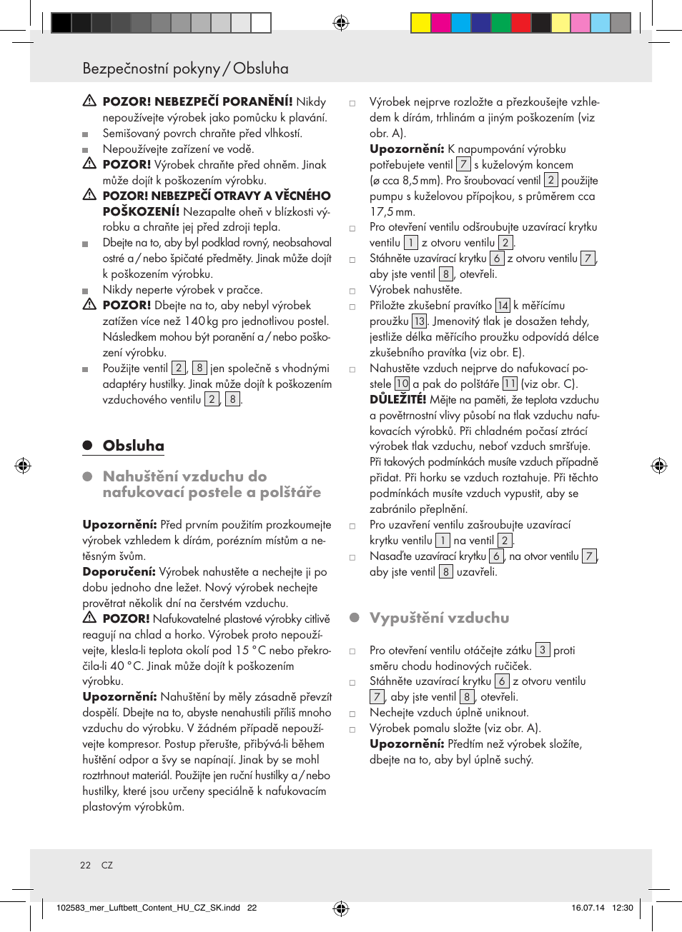 Bezpečnostní pokyny / obsluha, Obsluha, Nahuštění vzduchu do nafukovací postele a polštáře | Vypuštění vzduchu | Meradiso Z31688 User Manual | Page 22 / 32