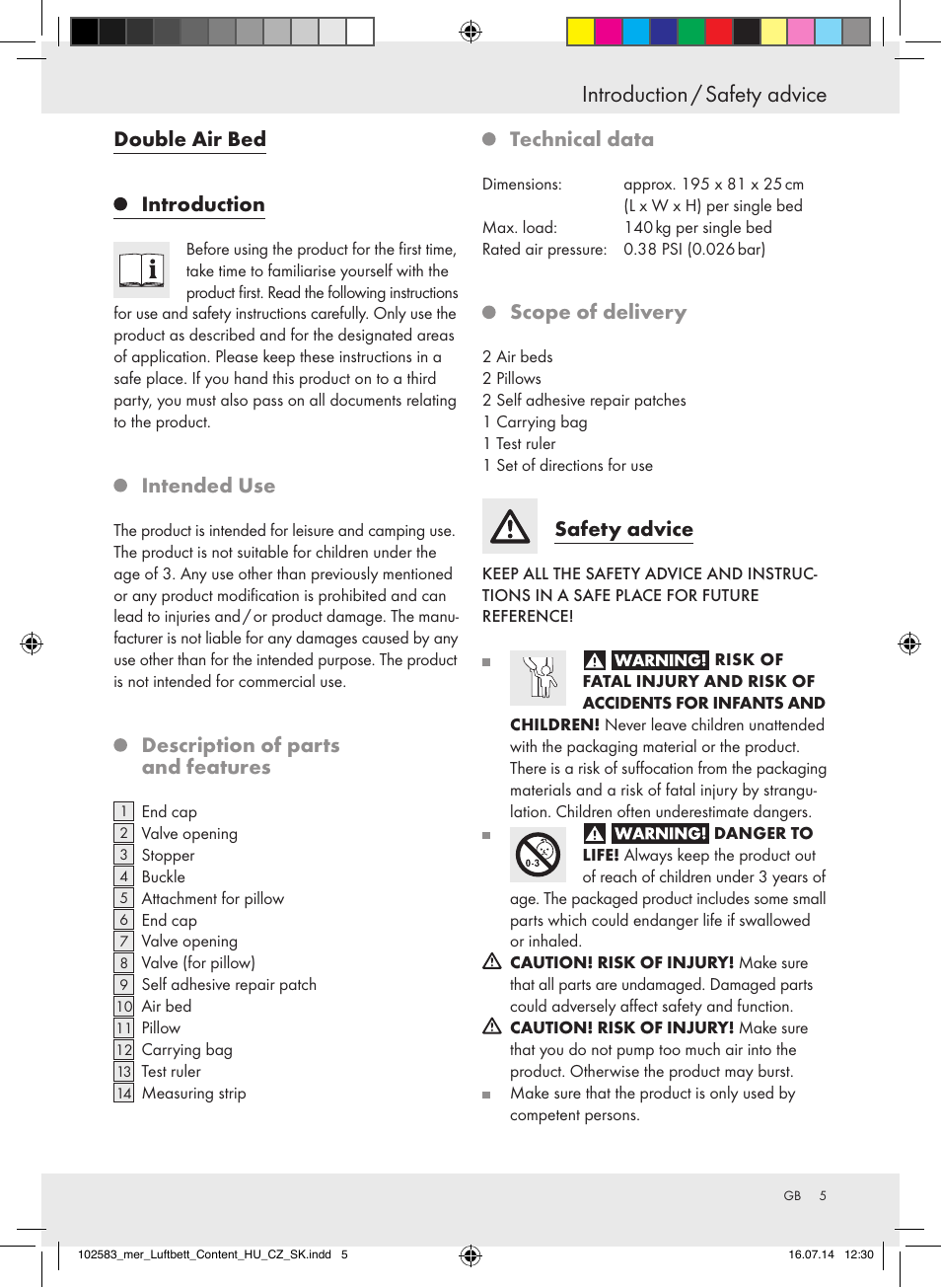 Introduction / safety advice, Double air bed introduction, Intended use | Description of parts and features, Technical data, Scope of delivery, Safety advice | Meradiso Z31688 User Manual | Page 5 / 32