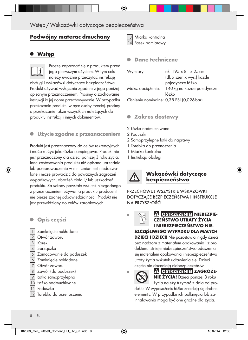 Wstęp / wskazówki dotyczące bezpieczeństwa, Podwójny materac dmuchany wstęp, Użycie zgodne z przeznaczeniem | Opis części, Dane techniczne, Zakres dostawy, Wskazówki dotyczące bezpieczeństwa | Meradiso Z31688 User Manual | Page 8 / 32