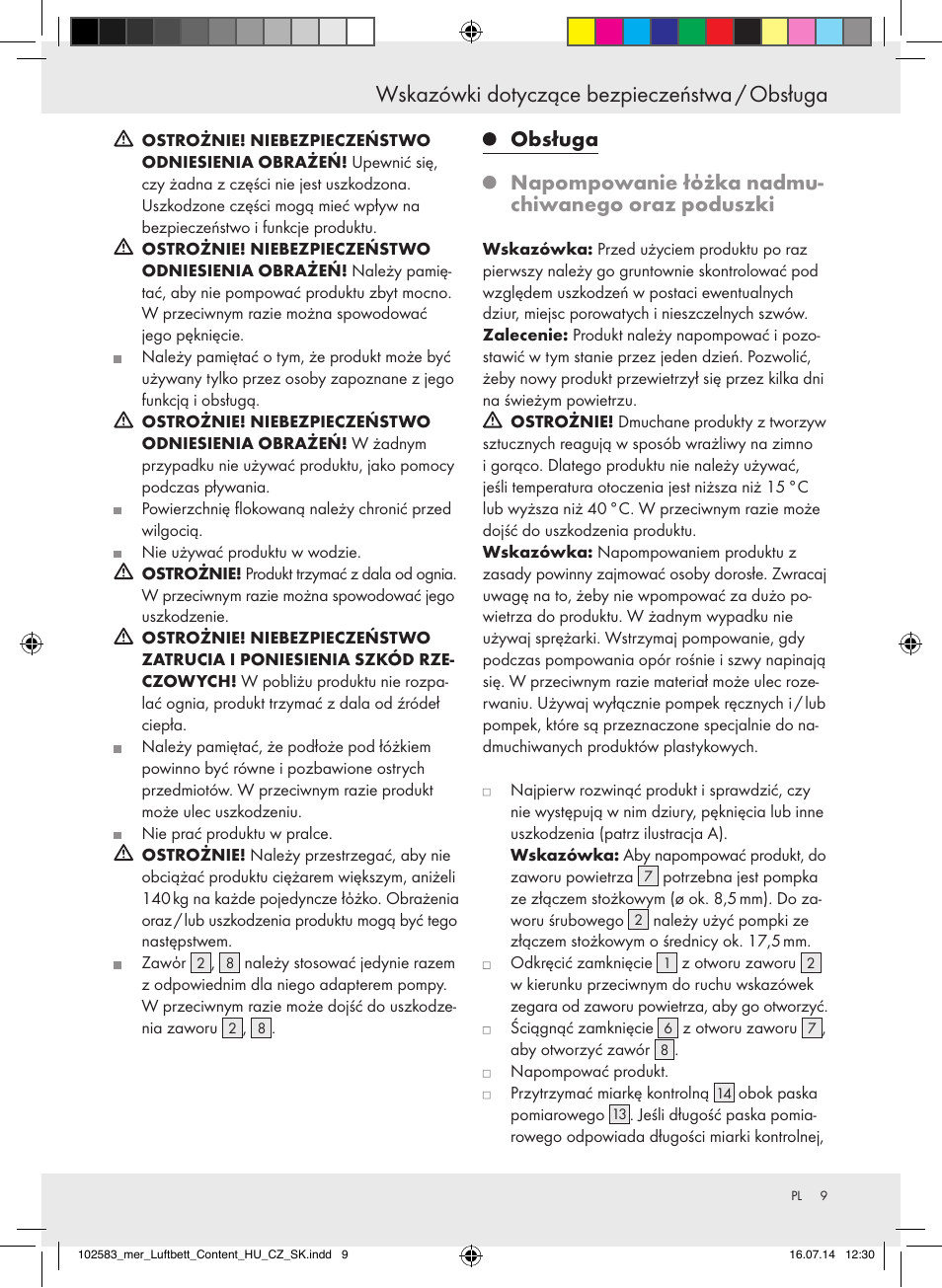 Wskazówki dotyczące bezpieczeństwa / obsługa, Obsługa, Napompowanie łόżka nadmu- chiwanego oraz poduszki | Meradiso Z31688 User Manual | Page 9 / 32