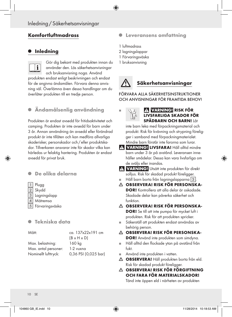 Inledning / säkerhetsanvisningar, Komfortluftmadrass, Inledning | Ändamålsenlig användning, De olika delarna, Tekniska data, Leveransens omfattning, Säkerhetsanvisningar | Meradiso Z31955A User Manual | Page 10 / 25