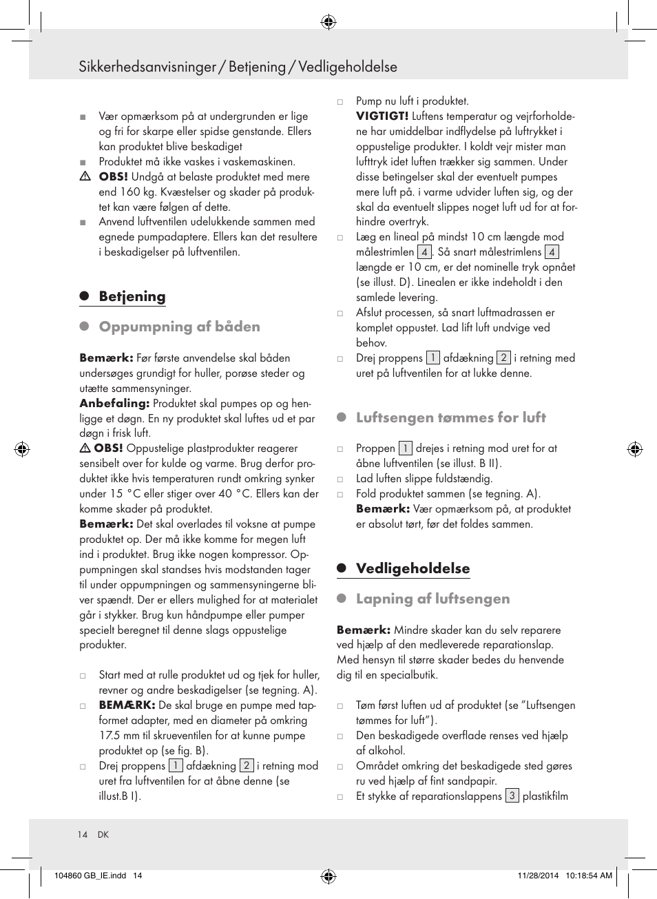 Betjening, Oppumpning af båden, Luftsengen tømmes for luft | Vedligeholdelse, Lapning af luftsengen | Meradiso Z31955A User Manual | Page 14 / 25