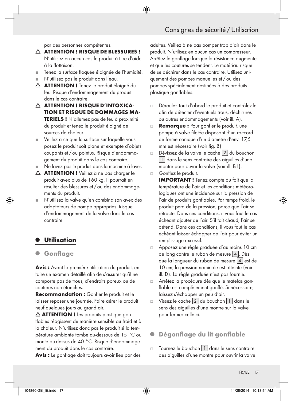 Consignes de sécurité / utilisation, Utilisation, Gonflage | Dégonflage du lit gonflable | Meradiso Z31955A User Manual | Page 17 / 25