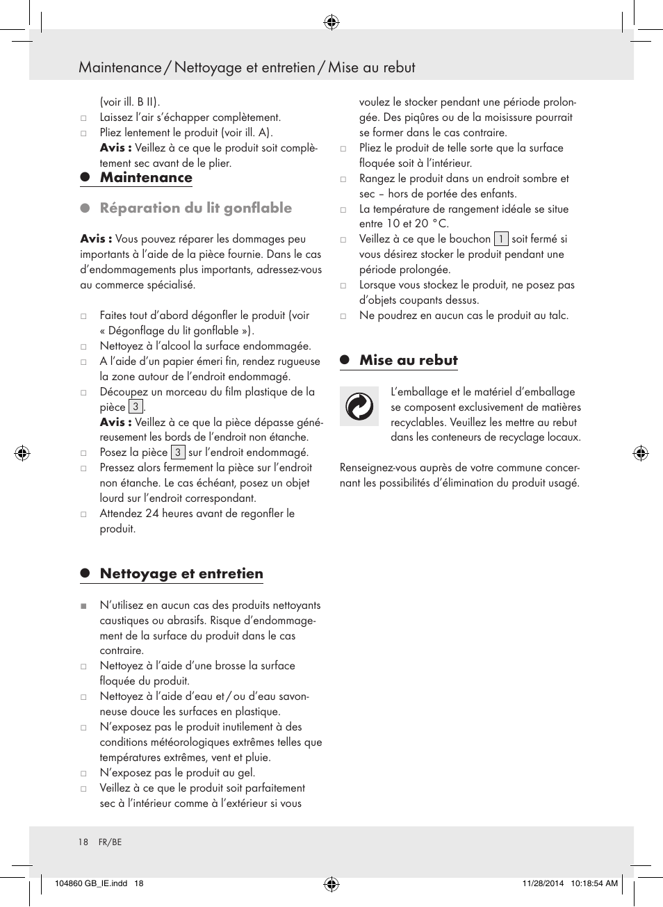 Maintenance, Réparation du lit gonflable, Nettoyage et entretien | Mise au rebut | Meradiso Z31955A User Manual | Page 18 / 25