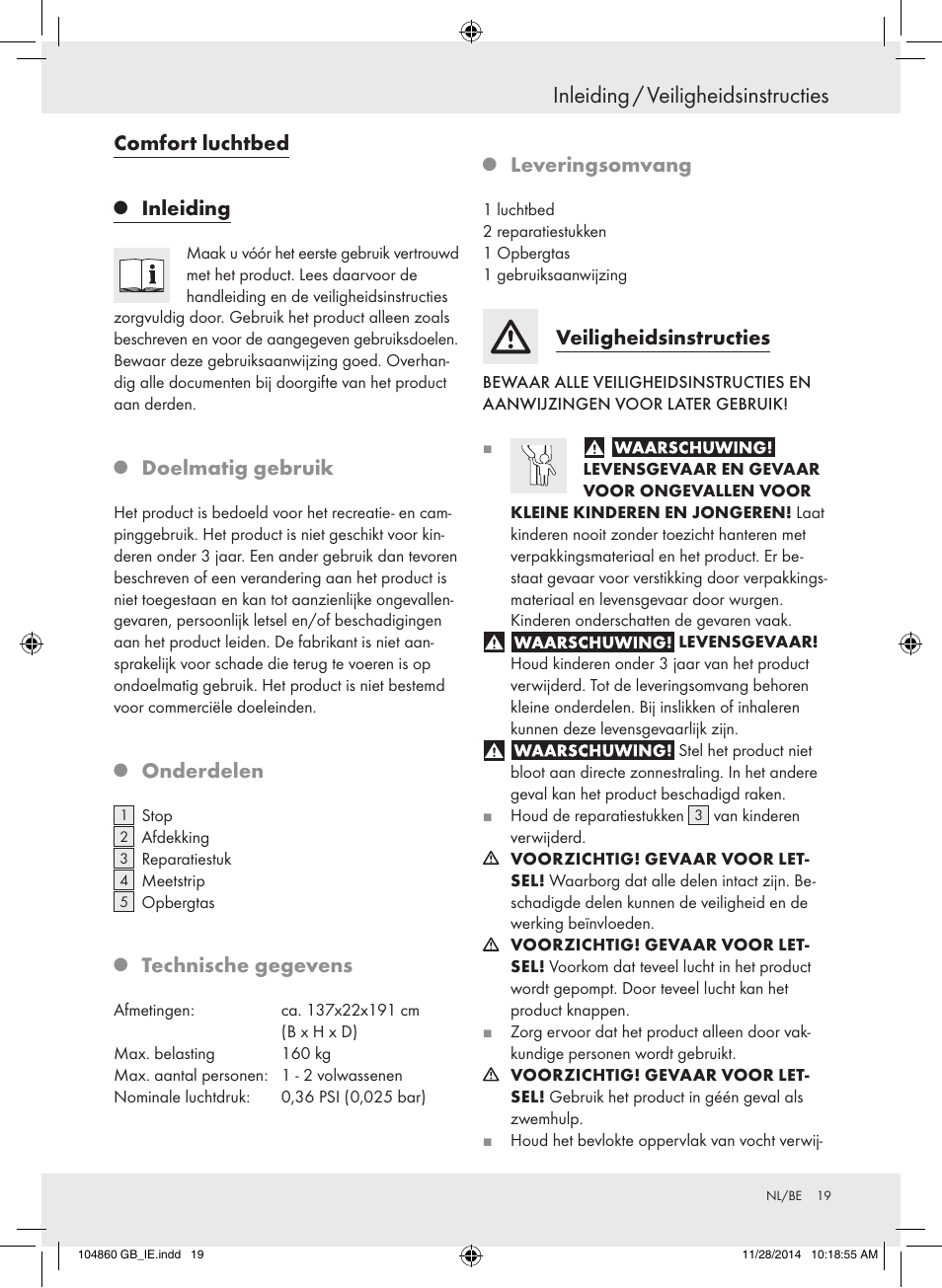 Inleiding / veiligheidsinstructies, Comfort luchtbed, Inleiding | Doelmatig gebruik, Onderdelen, Technische gegevens, Leveringsomvang, Veiligheidsinstructies | Meradiso Z31955A User Manual | Page 19 / 25