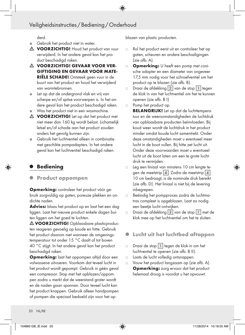 Veiligheidsinstructies / bediening / onderhoud, Bediening, Product oppompen | Lucht uit het luchtbed aftappen | Meradiso Z31955A User Manual | Page 20 / 25