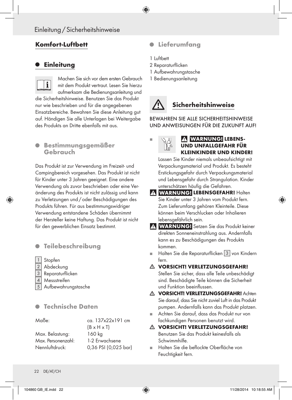 Einleitung / sicherheitshinweise, Komfort-luftbett, Einleitung | Bestimmungsgemäßer gebrauch, Teilebeschreibung, Technische daten, Lieferumfang, Sicherheitshinweise | Meradiso Z31955A User Manual | Page 22 / 25