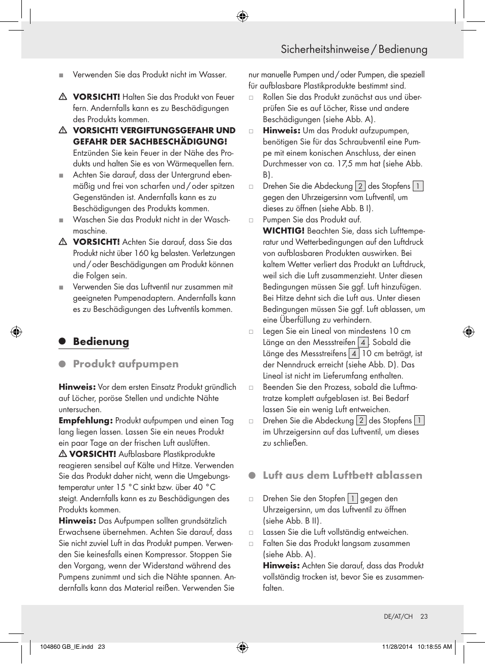 Sicherheitshinweise / bedienung, Bedienung, Produkt aufpumpen | Luft aus dem luftbett ablassen | Meradiso Z31955A User Manual | Page 23 / 25