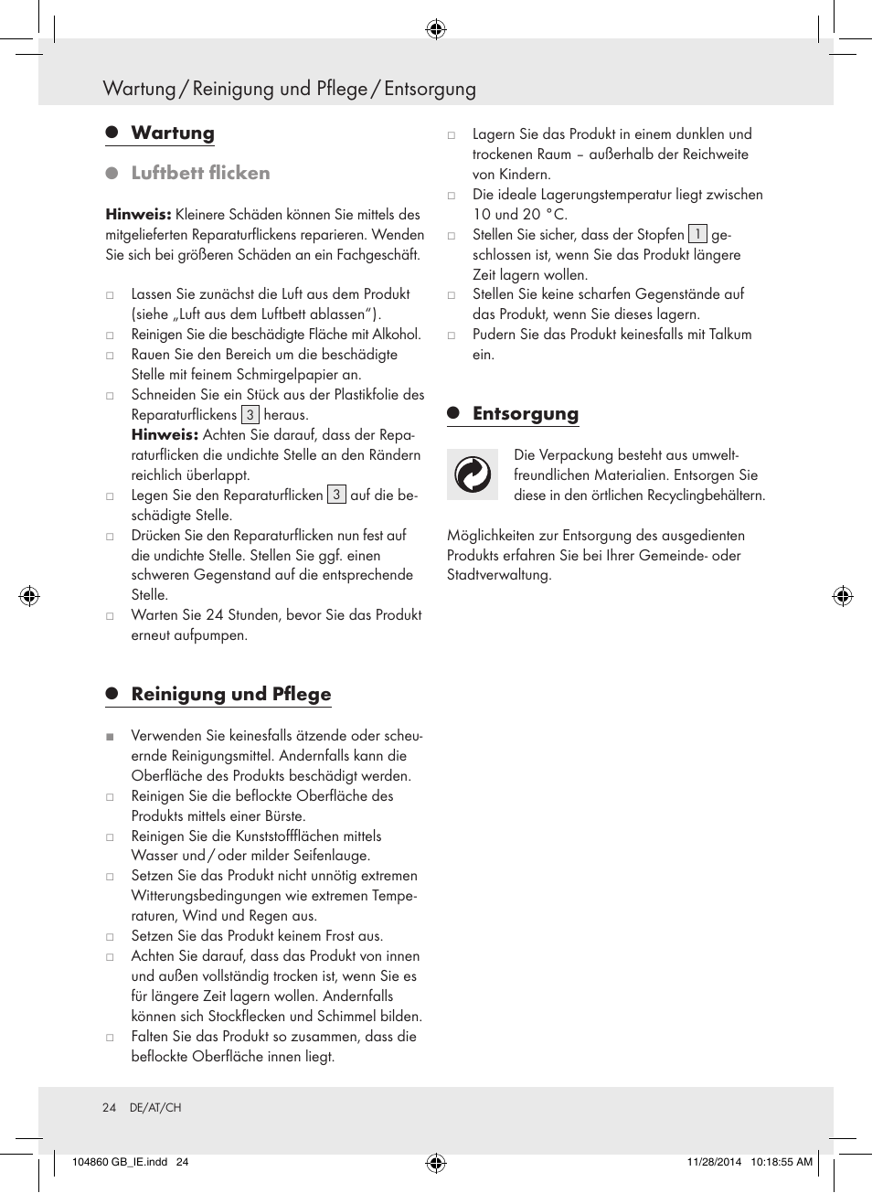 Wartung / reinigung und pflege / entsorgung, Wartung, Luftbett flicken | Reinigung und pflege, Entsorgung | Meradiso Z31955A User Manual | Page 24 / 25