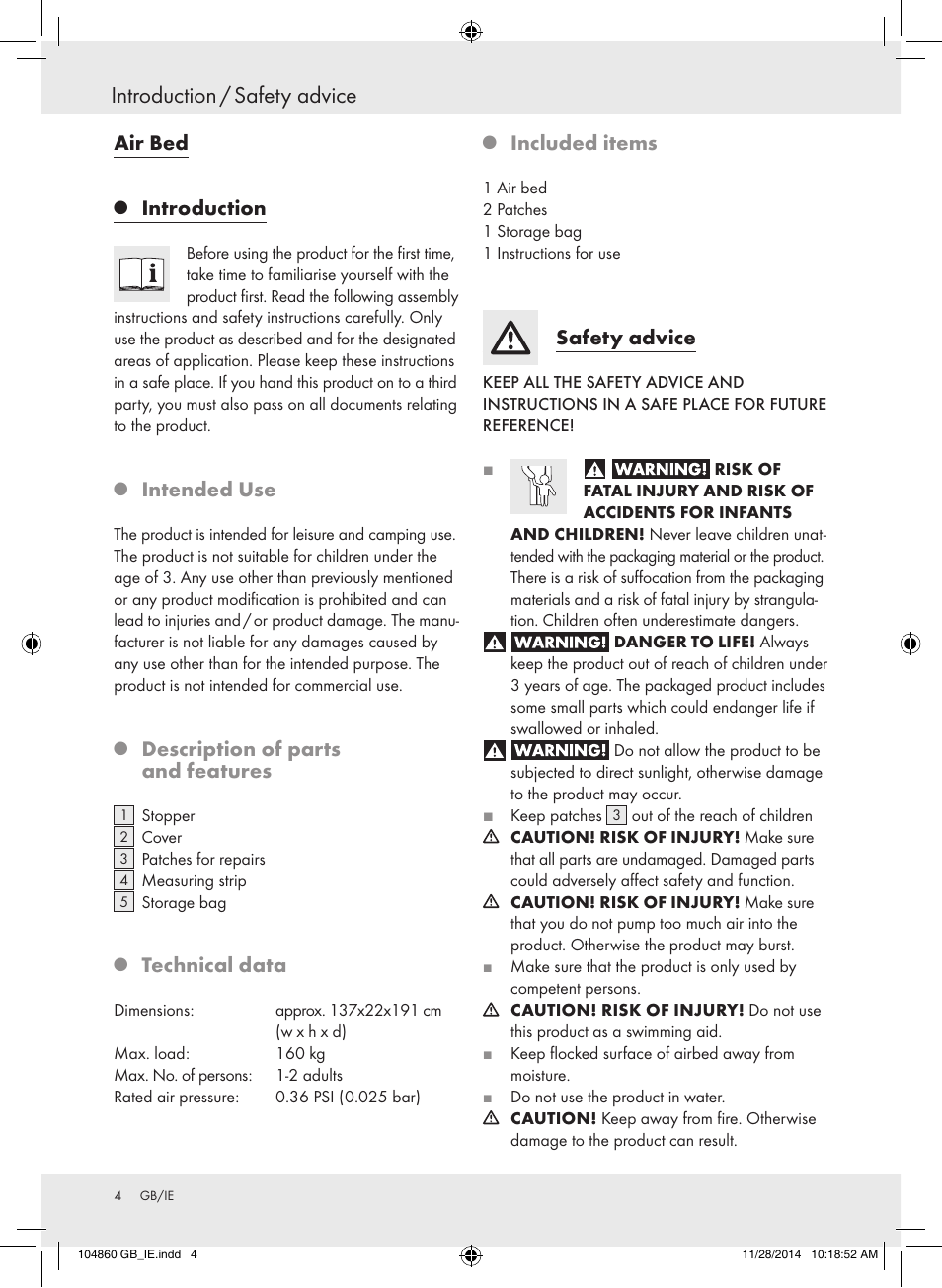 Introduction / safety advice, Air bed, Introduction | Intended use, Description of parts and features, Technical data, Included items, Safety advice | Meradiso Z31955A User Manual | Page 4 / 25