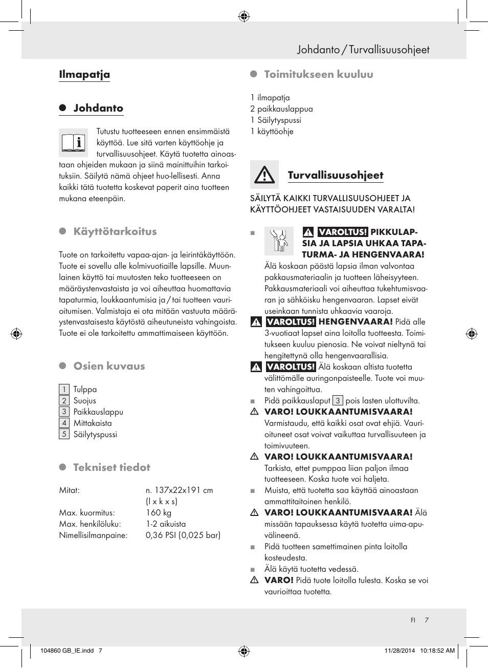 Johdanto / turvallisuusohjeet, Ilmapatja, Johdanto | Käyttötarkoitus, Osien kuvaus, Tekniset tiedot, Toimitukseen kuuluu, Turvallisuusohjeet | Meradiso Z31955A User Manual | Page 7 / 25