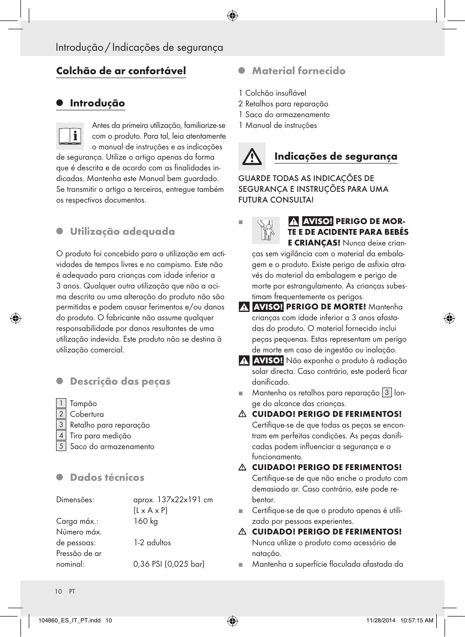 Introdução / indicações de segurança, Colchão de ar confortável, Introdução | Utilização adequada, Descrição das peças, Dados técnicos, Material fornecido, Indicações de segurança | Meradiso Z31955A User Manual | Page 10 / 19