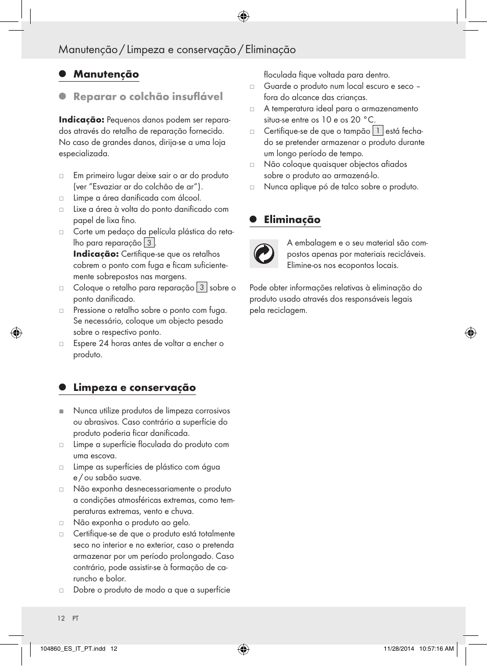 Manutenção / limpeza e conservação / eliminação, Manutenção, Reparar o colchão insuflável | Limpeza e conservação, Eliminação | Meradiso Z31955A User Manual | Page 12 / 19