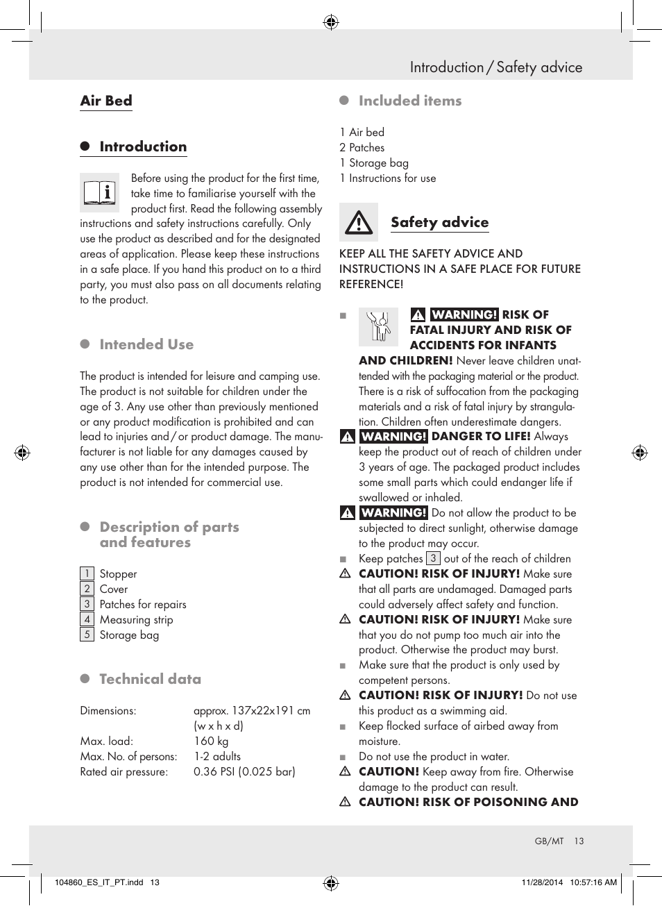 Introduction / safety advice, Air bed, Introduction | Intended use, Description of parts and features, Technical data, Included items, Safety advice | Meradiso Z31955A User Manual | Page 13 / 19