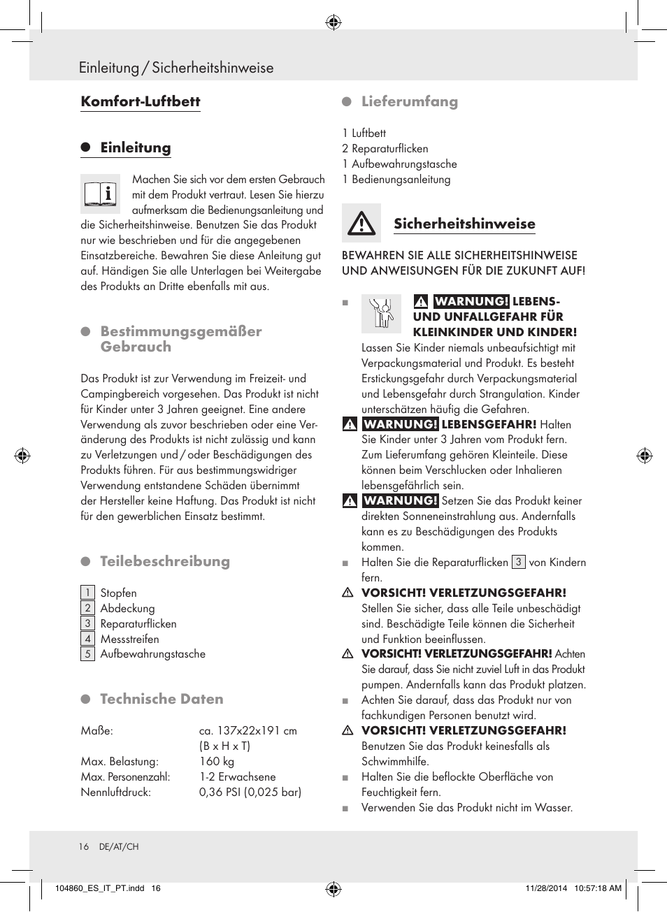 Einleitung / sicherheitshinweise, Komfort-luftbett, Einleitung | Bestimmungsgemäßer gebrauch, Teilebeschreibung, Technische daten, Lieferumfang, Sicherheitshinweise | Meradiso Z31955A User Manual | Page 16 / 19