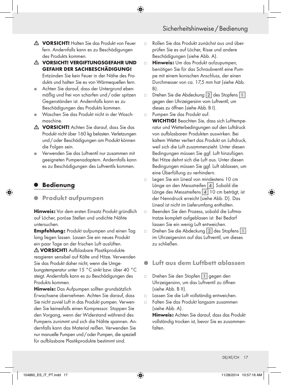 Sicherheitshinweise / bedienung, Bedienung, Produkt aufpumpen | Luft aus dem luftbett ablassen | Meradiso Z31955A User Manual | Page 17 / 19