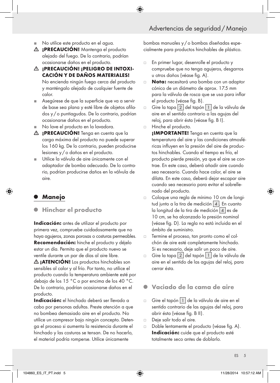 Advertencias de seguridad / manejo, Manejo, Hinchar el producto | Vaciado de la cama de aire | Meradiso Z31955A User Manual | Page 5 / 19