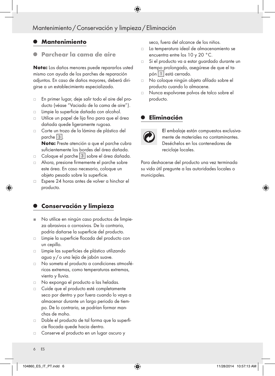 Mantenimiento, Parchear la cama de aire, Conservación y limpieza | Eliminación | Meradiso Z31955A User Manual | Page 6 / 19