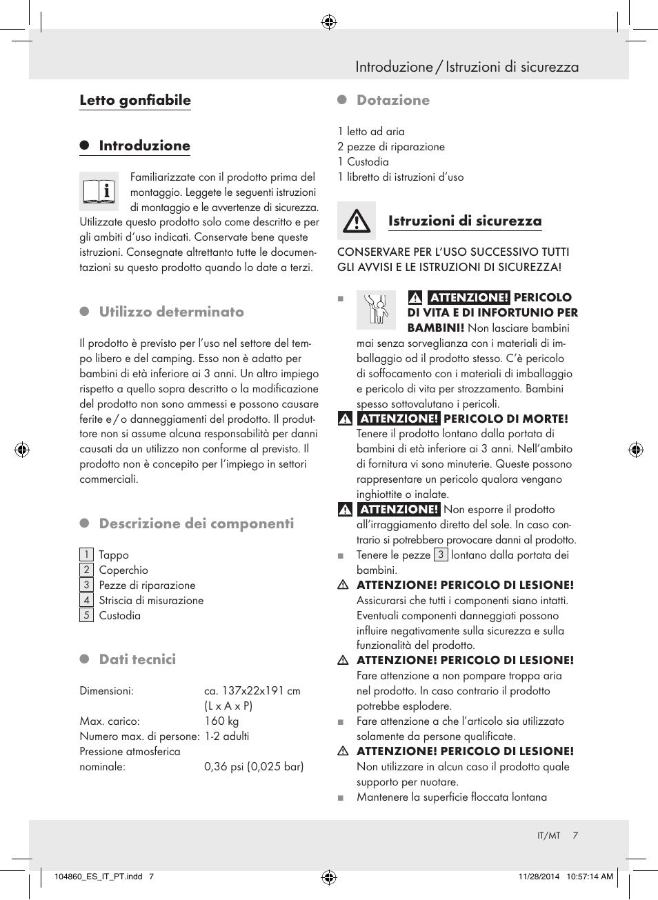 Introduzione / istruzioni di sicurezza, Letto gonfiabile, Introduzione | Utilizzo determinato, Descrizione dei componenti, Dati tecnici, Dotazione, Istruzioni di sicurezza | Meradiso Z31955A User Manual | Page 7 / 19