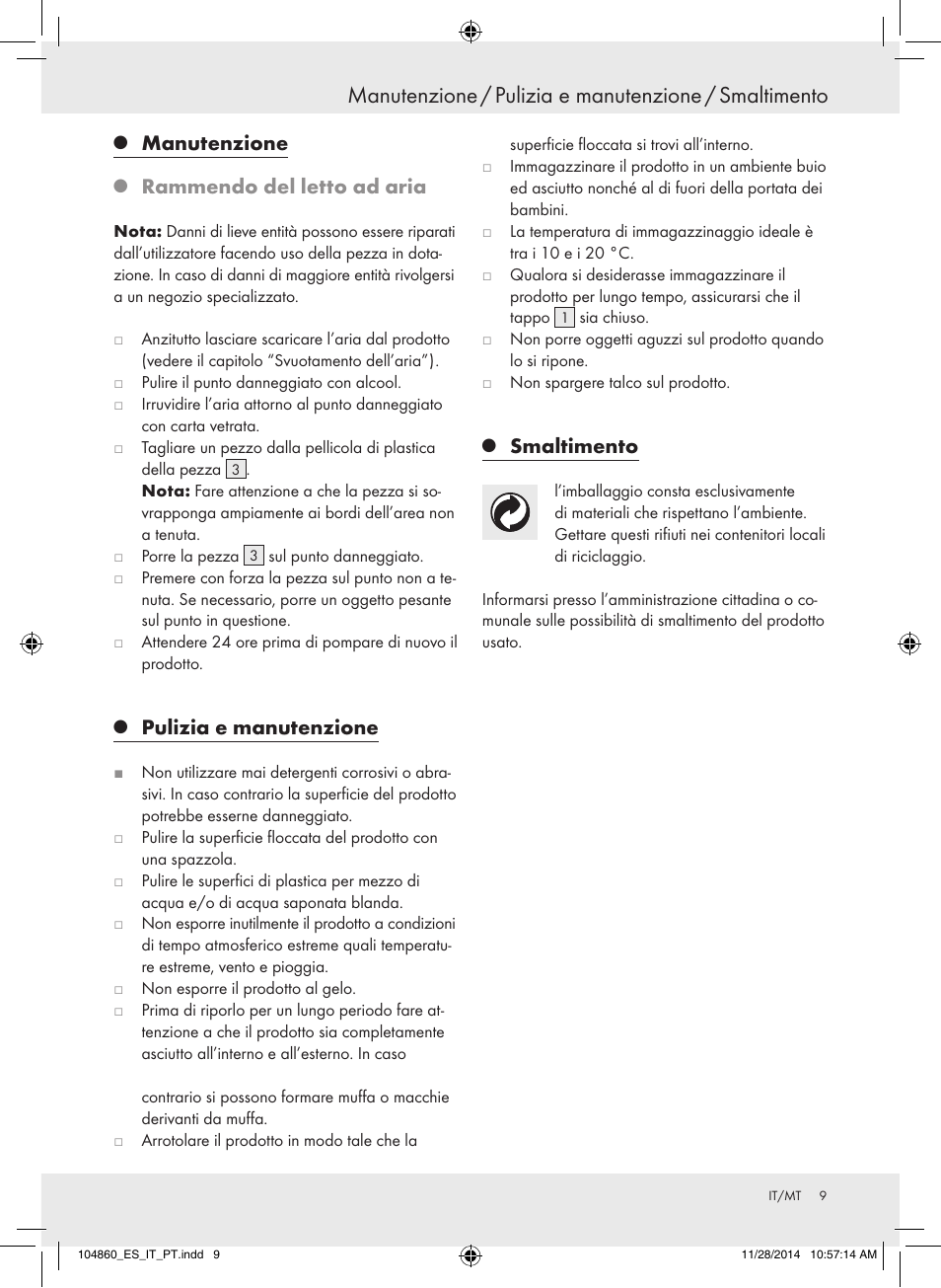 Manutenzione, Rammendo del letto ad aria, Pulizia e manutenzione | Smaltimento | Meradiso Z31955A User Manual | Page 9 / 19