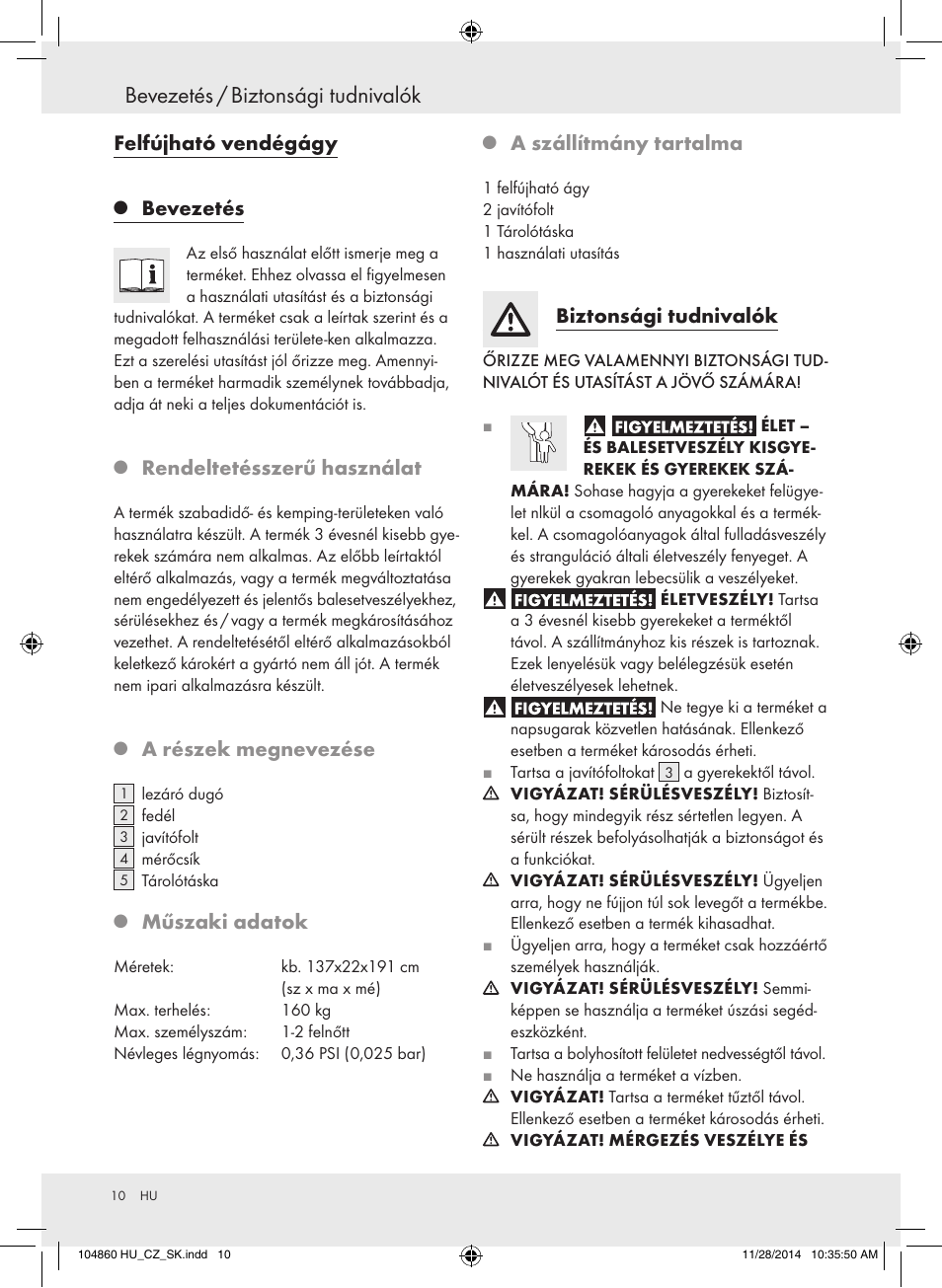 Bevezetés / biztonsági tudnivalók, Felfújható vendégágy, Bevezetés | Rendeltetésszerű használat, A részek megnevezése, Műszaki adatok, A szállítmány tartalma, Biztonsági tudnivalók | Meradiso Z31955A User Manual | Page 10 / 26