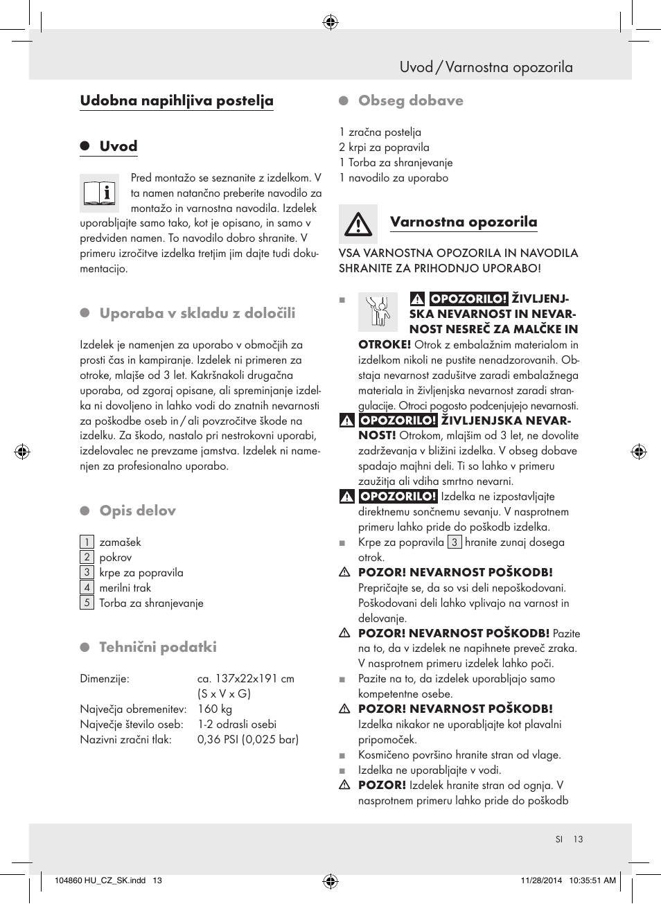 Uvod / varnostna opozorila, Udobna napihljiva postelja, Uvod | Uporaba v skladu z določili, Opis delov, Tehnični podatki, Obseg dobave, Varnostna opozorila | Meradiso Z31955A User Manual | Page 13 / 26