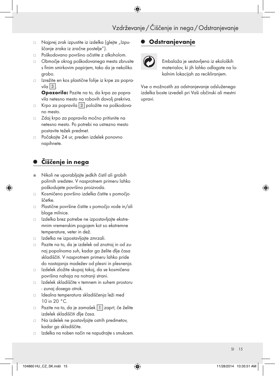 Vzdrževanje / čiščenje in nega / odstranjevanje, Čiščenje in nega, Odstranjevanje | Meradiso Z31955A User Manual | Page 15 / 26
