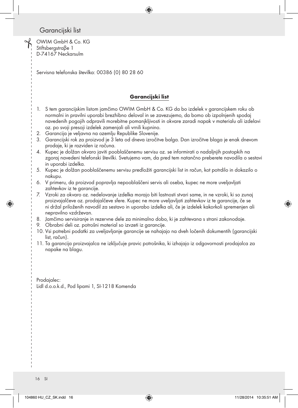 Garancijski list | Meradiso Z31955A User Manual | Page 16 / 26