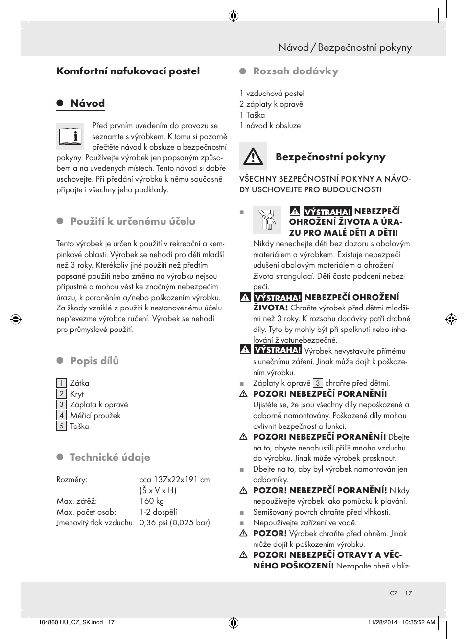 Návod / bezpečnostní pokyny, Komfortní nafukovací postel, Návod | Použití k určenému účelu, Popis dílů, Technické údaje, Rozsah dodávky, Bezpečnostní pokyny | Meradiso Z31955A User Manual | Page 17 / 26