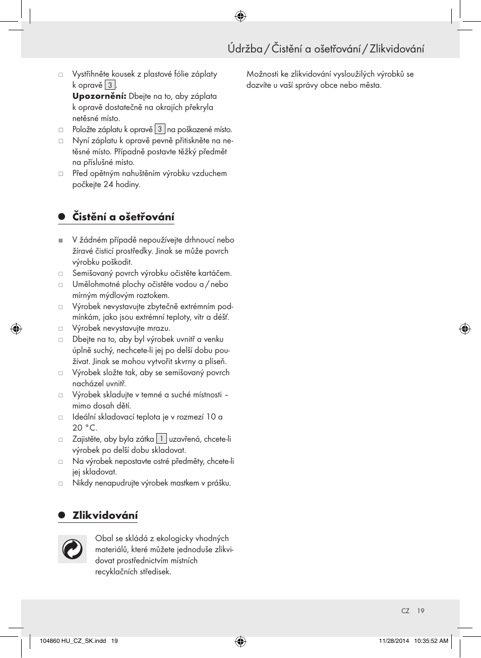 Údržba / čistění a ošetřování / zlikvidování, Čistění a ošetřování, Zlikvidování | Meradiso Z31955A User Manual | Page 19 / 26