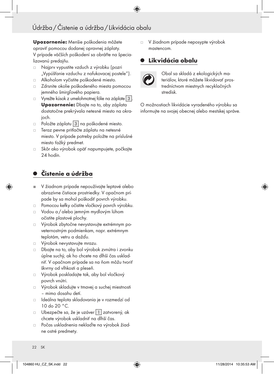 Údržba / čistenie a údržba / likvidácia obalu, Čistenie a údržba, Likvidácia obalu | Meradiso Z31955A User Manual | Page 22 / 26