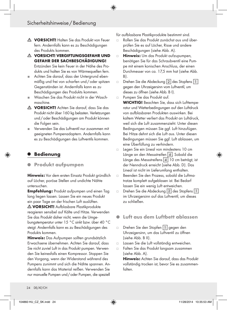 Sicherheitshinweise / bedienung, Bedienung, Produkt aufpumpen | Luft aus dem luftbett ablassen | Meradiso Z31955A User Manual | Page 24 / 26