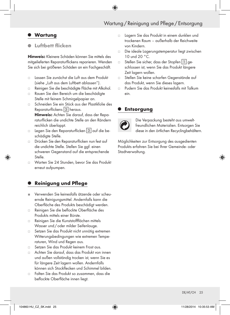 Wartung / reinigung und pflege / entsorgung, Wartung, Luftbett flicken | Reinigung und pflege, Entsorgung | Meradiso Z31955A User Manual | Page 25 / 26