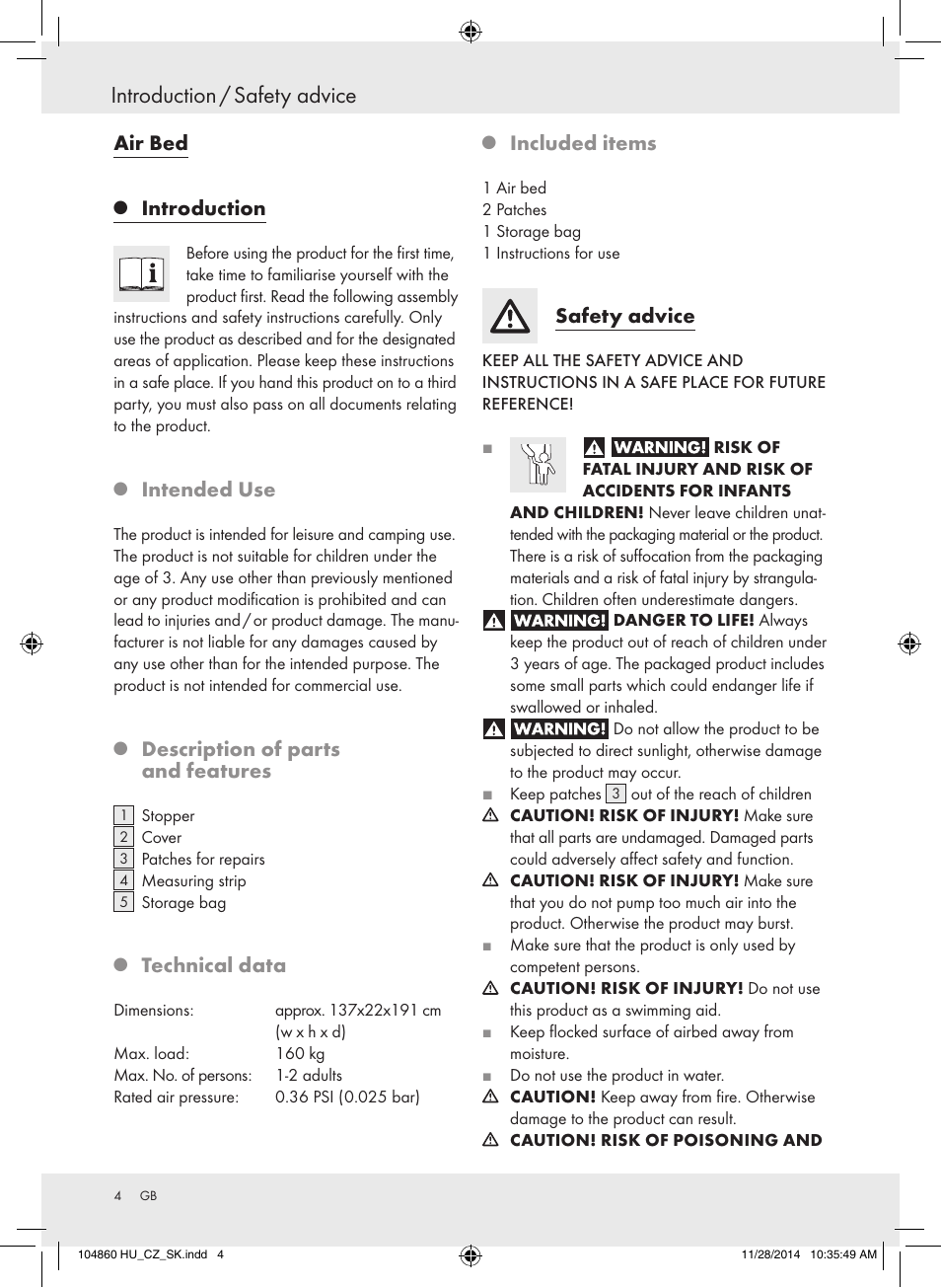 Introduction / safety advice, Air bed, Introduction | Intended use, Description of parts and features, Technical data, Included items, Safety advice | Meradiso Z31955A User Manual | Page 4 / 26