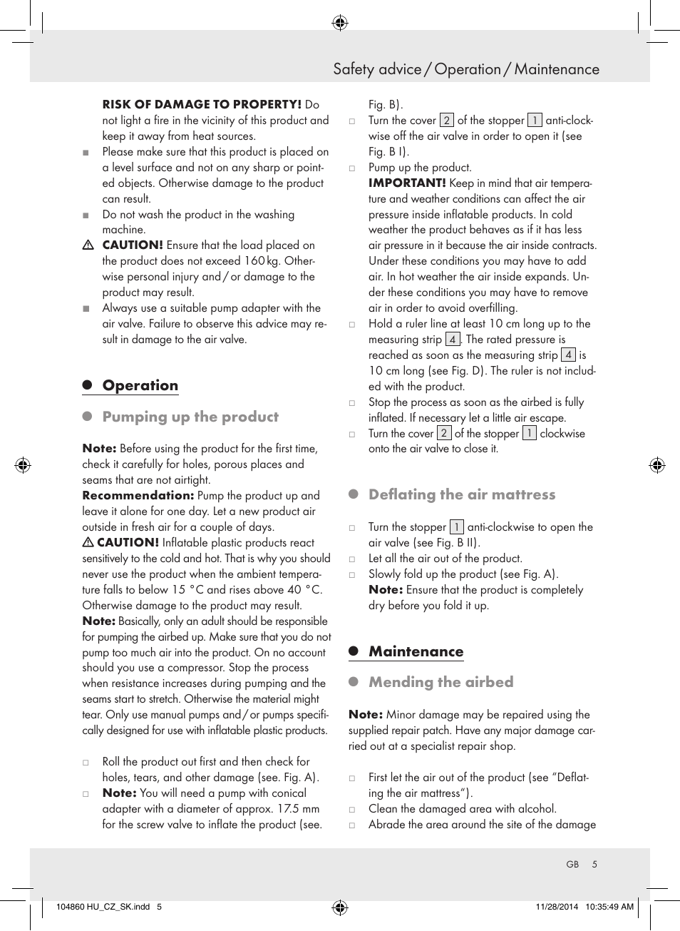 Safety advice / operation / maintenance, Operation, Pumping up the product | Deflating the air mattress, Maintenance, Mending the airbed | Meradiso Z31955A User Manual | Page 5 / 26