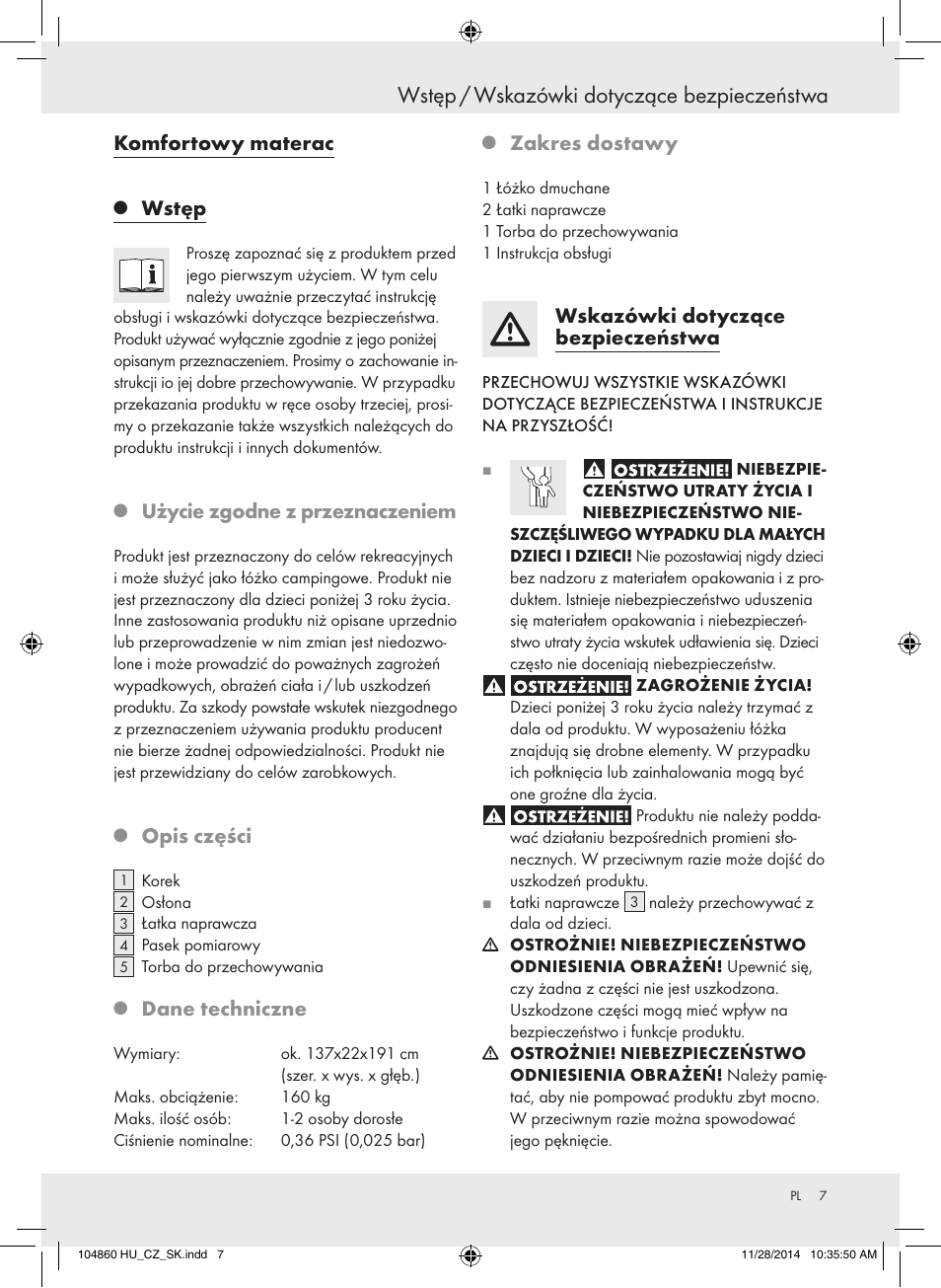 Wstęp / wskazówki dotyczące bezpieczeństwa, Komfortowy materac, Wstęp | Użycie zgodne z przeznaczeniem, Opis części, Dane techniczne, Zakres dostawy, Wskazówki dotyczące bezpieczeństwa | Meradiso Z31955A User Manual | Page 7 / 26